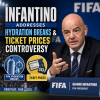 FIFA President Gianni Infantino speaking at a conference with microphones and FIFA backdrop.