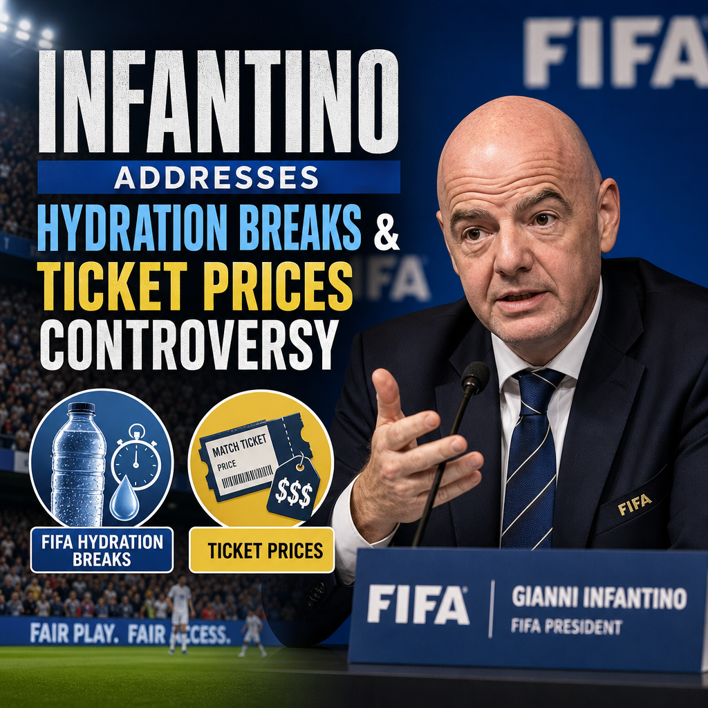FIFA President Gianni Infantino speaking at a conference with microphones and FIFA backdrop.
