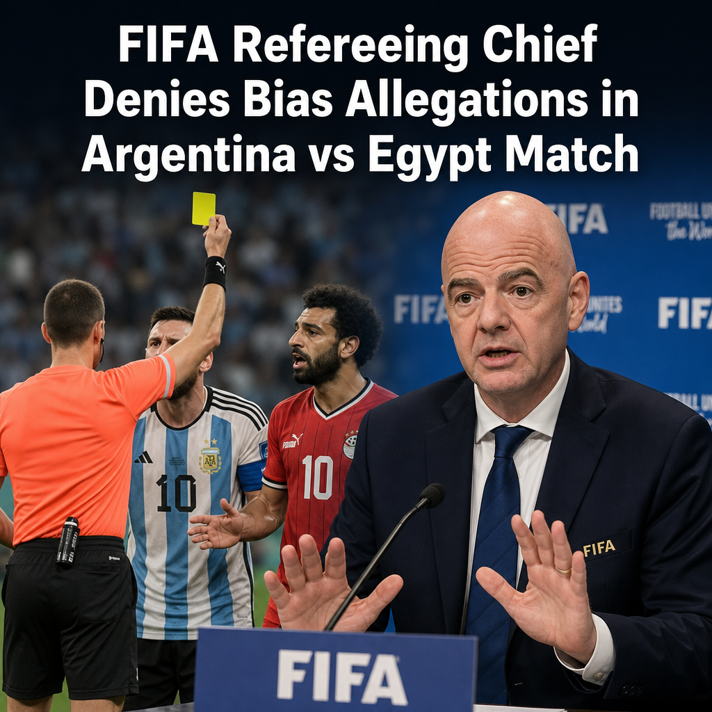 FIFA Refereeing Chief speaking at a press conference, denying bias allegations in Argentina vs Egypt match.