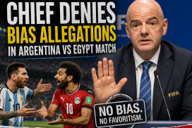 FIFA refereeing chief speaking at a press conference, denying bias in Argentina vs Egypt match.