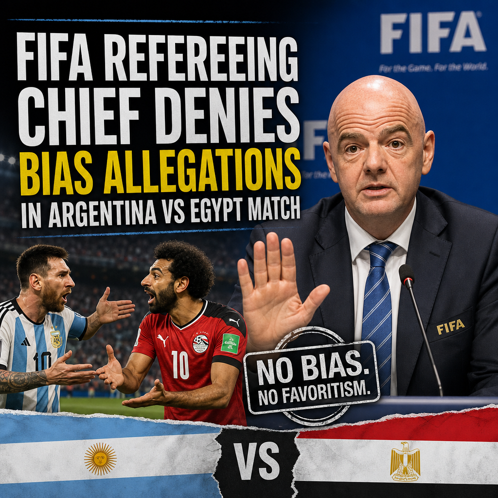 FIFA refereeing chief speaking at a press conference, denying bias in Argentina vs Egypt match.