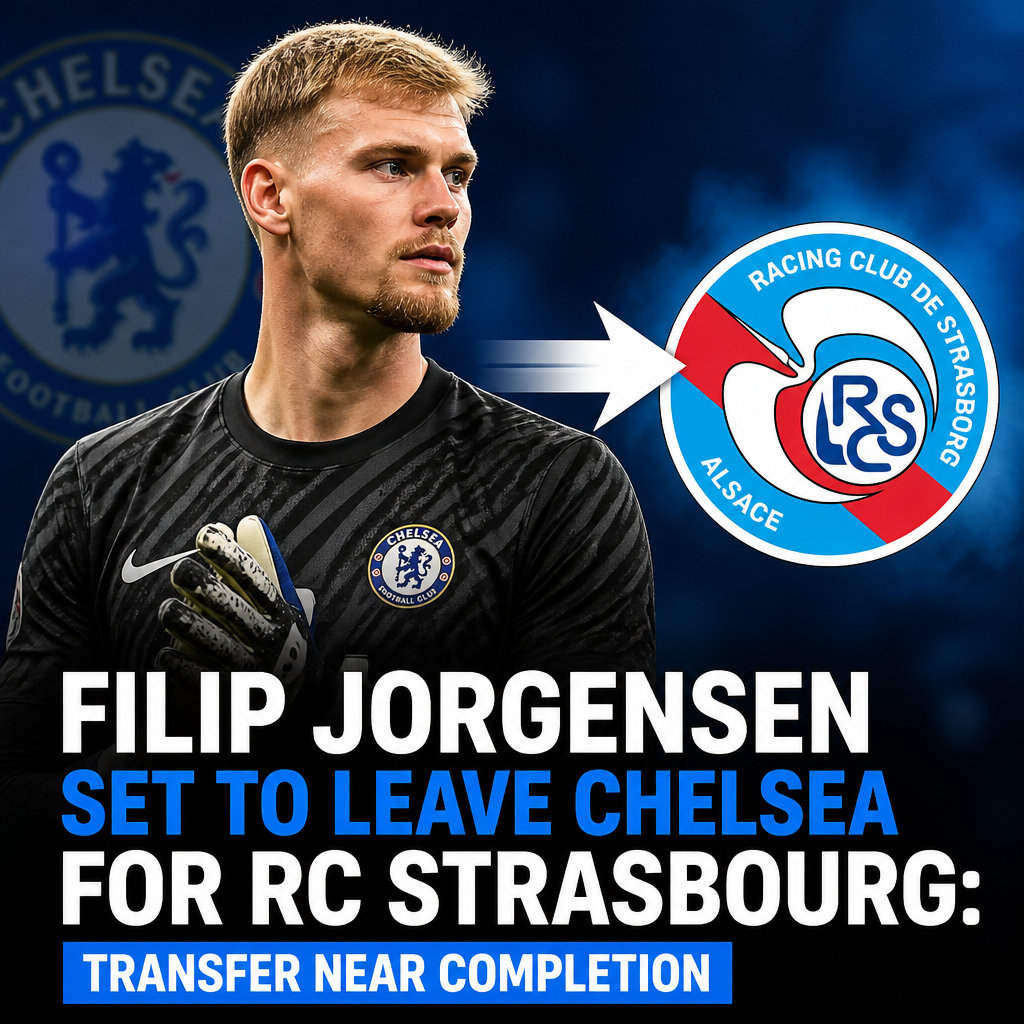 Filip Jorgensen in Chelsea kit, pictured with RC Strasbourg logo during transfer announcement.