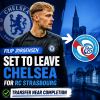 Filip Jorgensen in Chelsea kit, with graphic showing transfer to RC Strasbourg nearly complete.