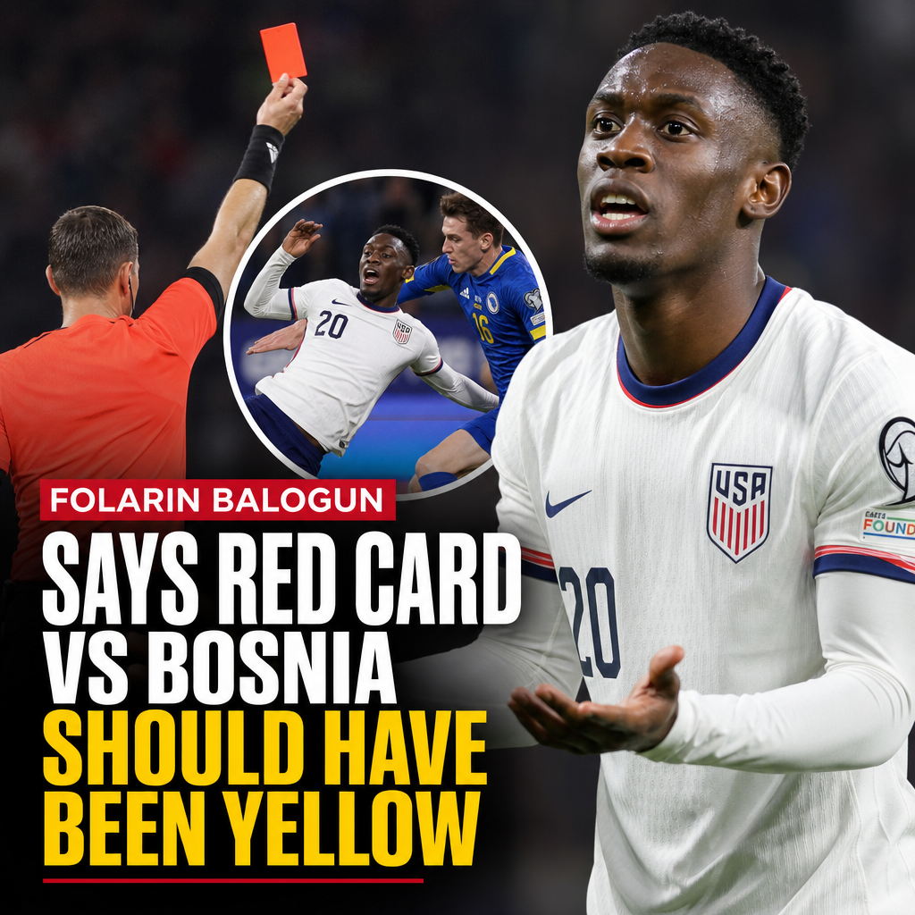 Folarin Balogun gestures during an interview about his red card against Bosnia, arguing it should have been a yellow card.