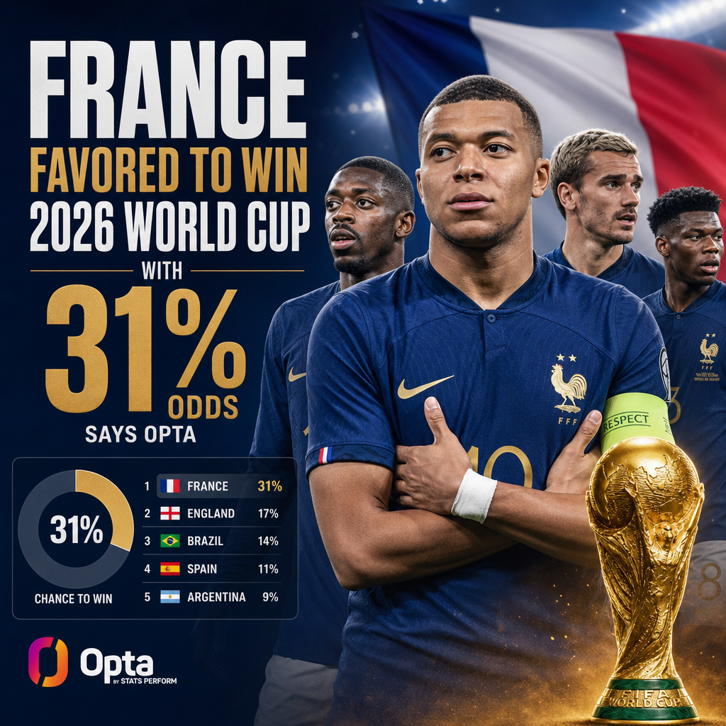 Graph showing France favored to win 2026 World Cup with 31% odds, based on Opta data.