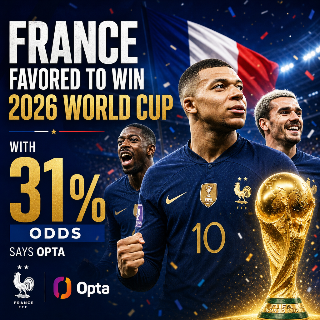 Graph showing France as the favorite to win the 2026 World Cup with 31% winning odds according to Opta.