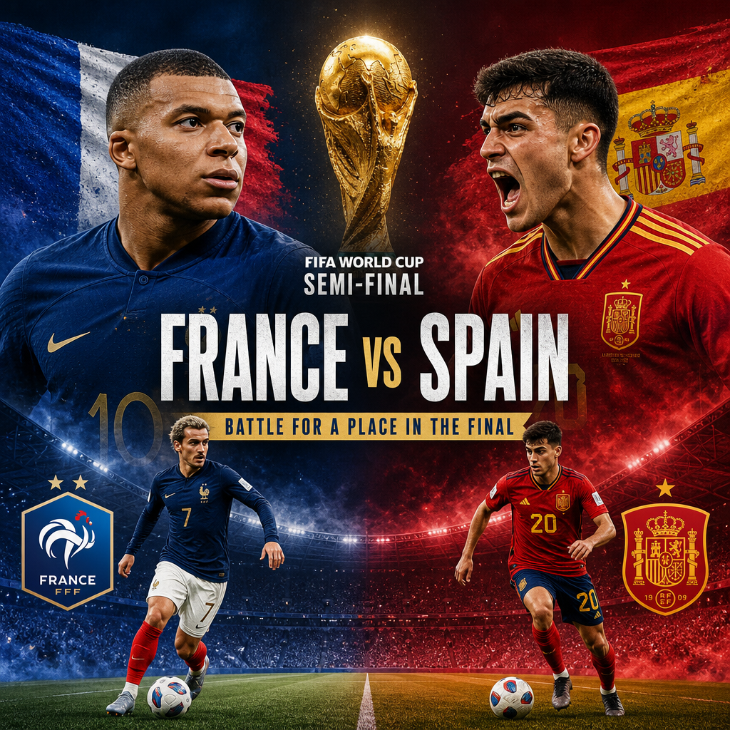 FIFA World Cup semi-final poster showing France and Spain players with the trophy in the center.