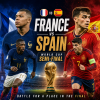 Promotional poster for France vs Spain World Cup semi-final featuring key players and the tournament trophy.