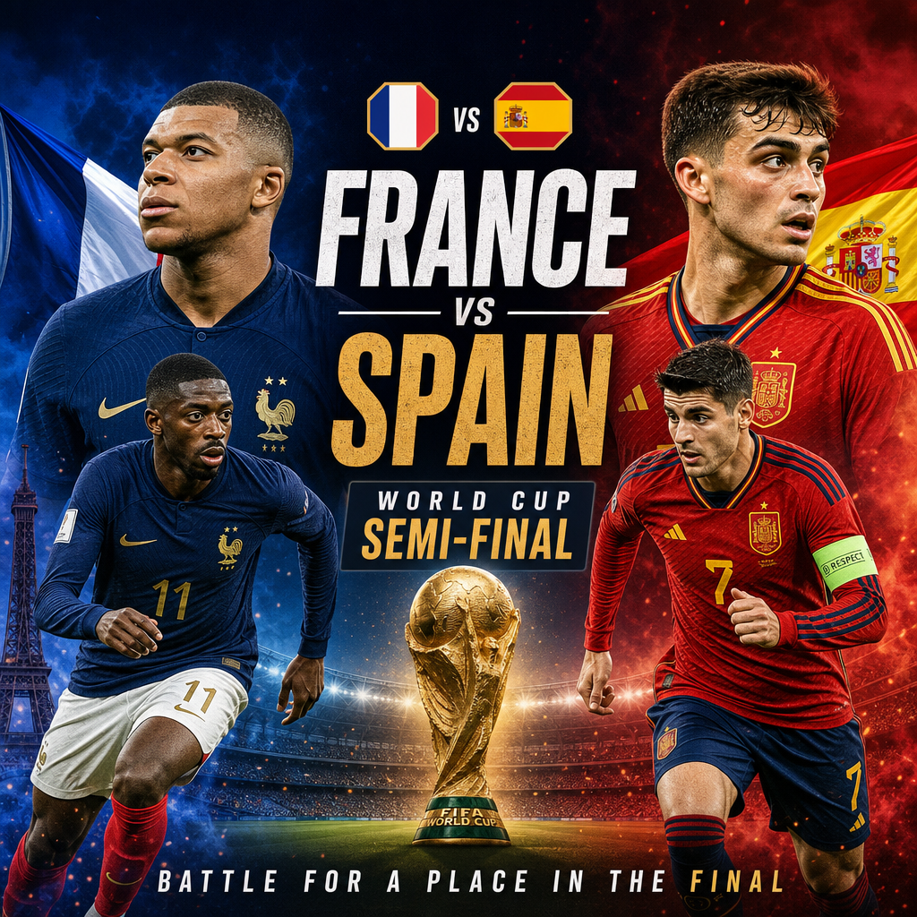 Promotional poster for France vs Spain World Cup semi-final featuring key players and the tournament trophy.