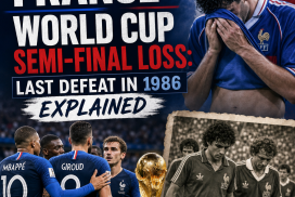 Timeline infographic showing France's World Cup semi-final losses, highlighting 1986 and recent matches with team photos and
