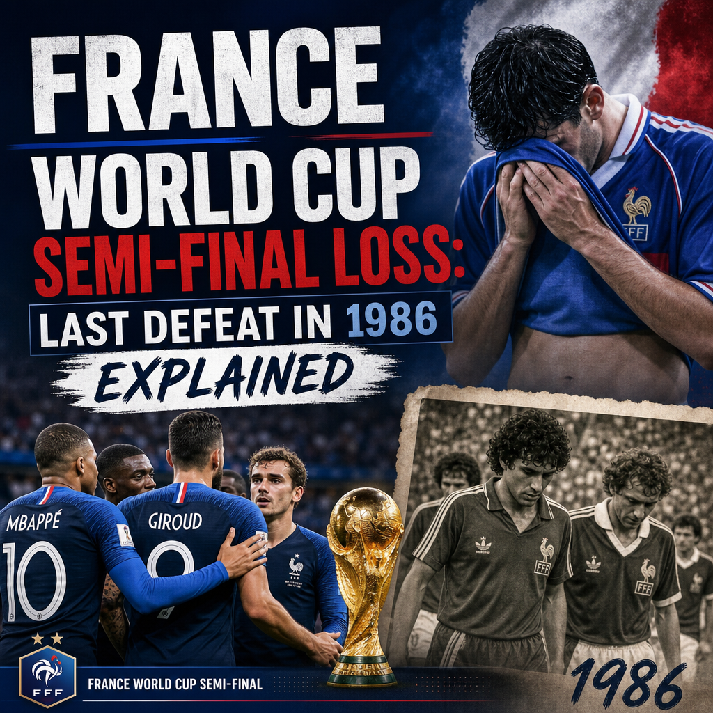 Timeline infographic showing France's World Cup semi-final losses, highlighting 1986 and recent matches with team photos and