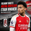 Ethan Nwaneri in Arsenal kit during a match, with Fulham transfer rumors in the background.