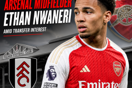 Ethan Nwaneri in Arsenal kit during a match, with Fulham transfer rumors in the background.