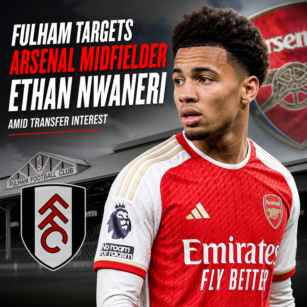 Ethan Nwaneri in Arsenal kit during a match, with Fulham transfer rumors in the background.
