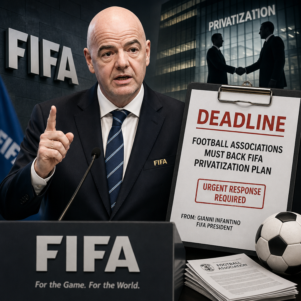 FIFA President Gianni Infantino speaks at a podium urging football associations to support FIFA privatization plan.