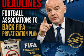 Gianni Infantino speaking passionately at a FIFA event urging football associations to support privatization plans.
