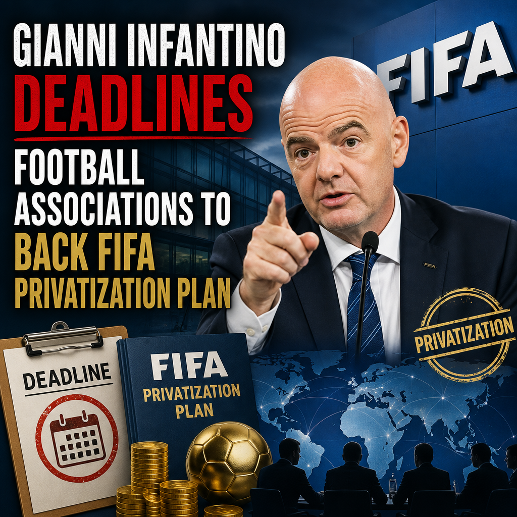 Gianni Infantino speaking passionately at a FIFA event urging football associations to support privatization plans.