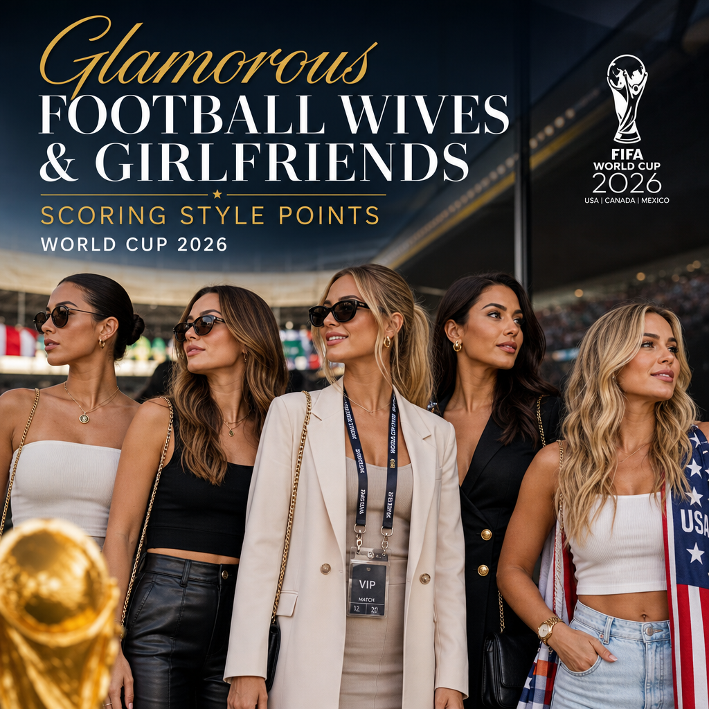Group of glamorous football wives and girlfriends posing in stylish outfits at the FIFA World Cup 2026 event.