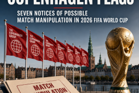 Group of red and white Copenhagen flags with seven highlighted notices about possible 2026 World Cup match manipulation.