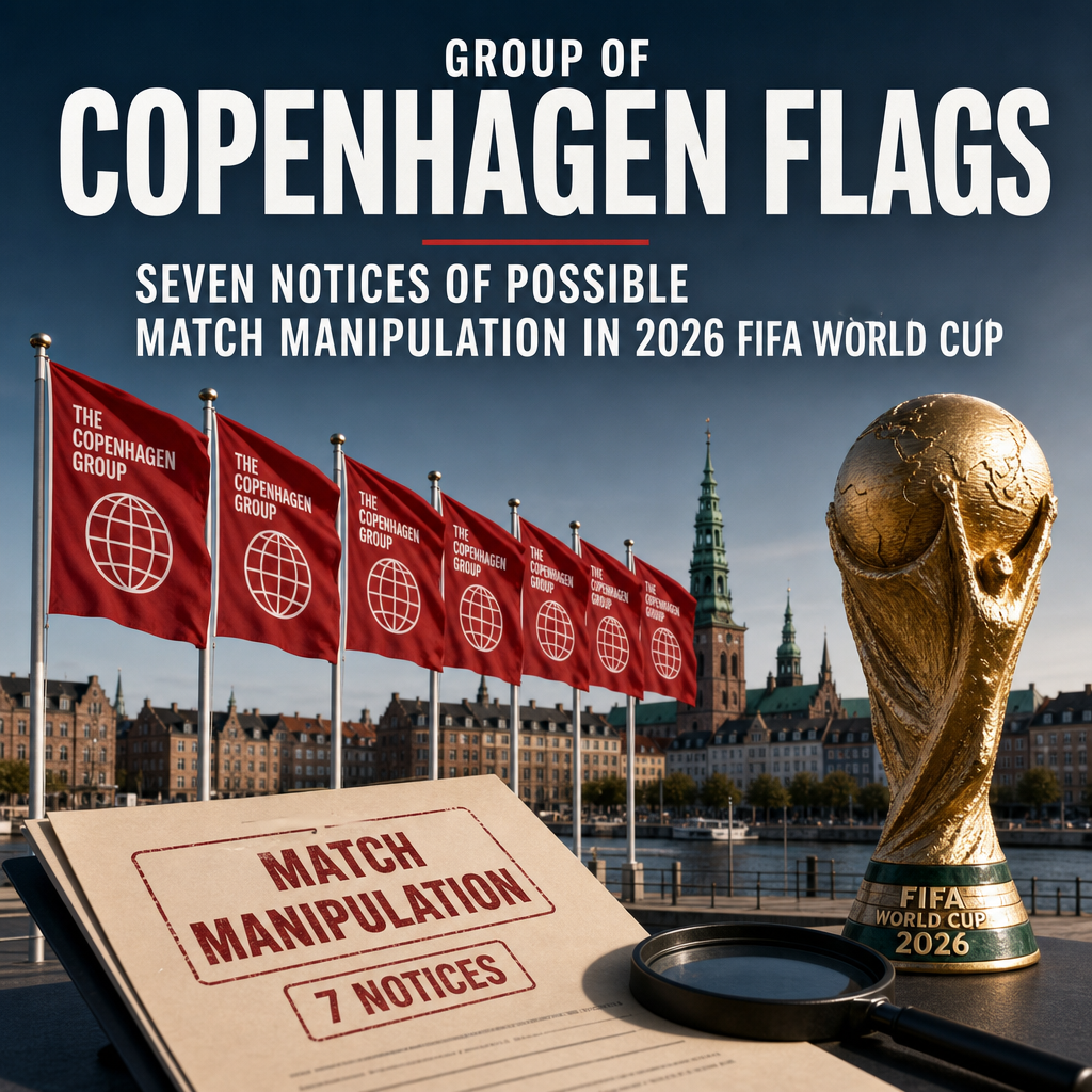 Group of red and white Copenhagen flags with seven highlighted notices about possible 2026 World Cup match manipulation.