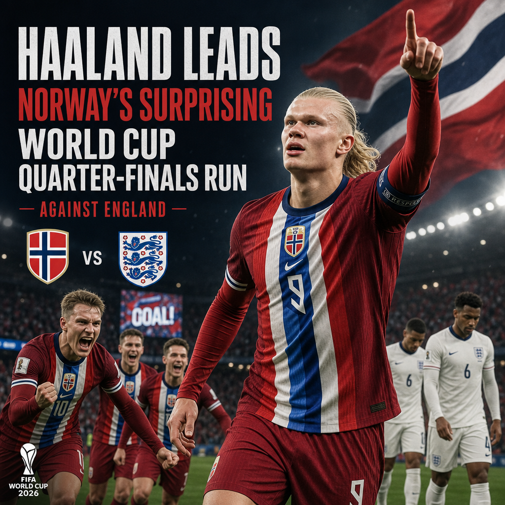Erling Haaland celebrates a goal leading Norway in the 2026 World Cup quarter-finals versus England.