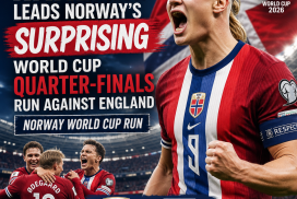 Erling Haaland celebrating during Norway's unexpected run to the FIFA World Cup 2026 quarter-finals against England.