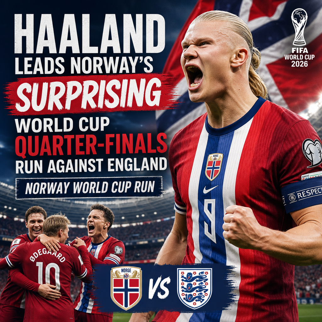 Erling Haaland celebrating during Norway's unexpected run to the FIFA World Cup 2026 quarter-finals against England.