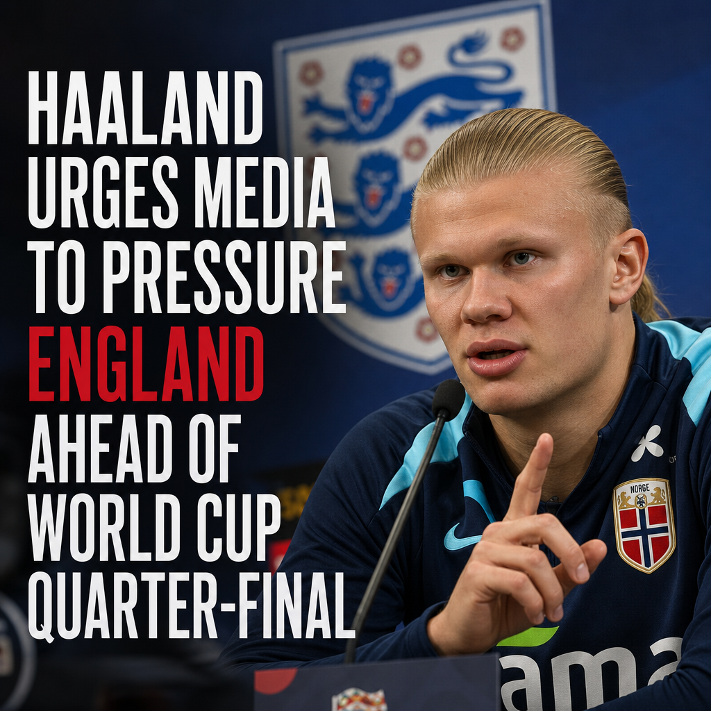 Erling Haaland speaking passionately, urging media to pressure England before World Cup quarter-final.