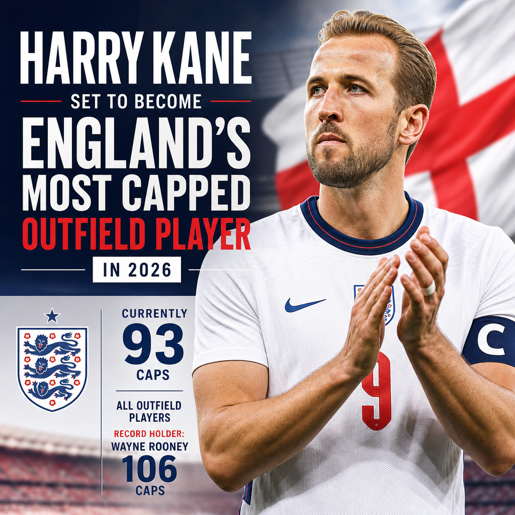 Harry Kane in England football kit, celebrating, set to become England's most capped outfield player.