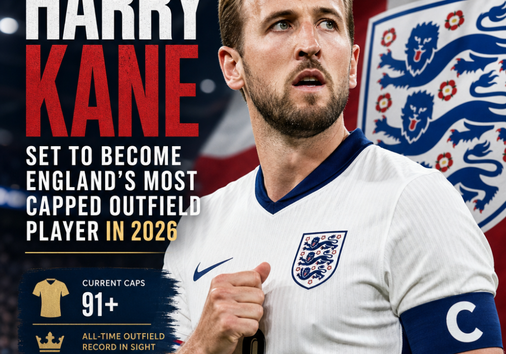 Harry Kane in England kit with a stadium background, symbolizing his rise to most capped outfield player.