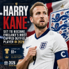 Harry Kane in England kit with a stadium background, symbolizing his rise to most capped outfield player.