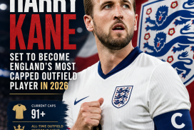 Harry Kane in England kit with a stadium background, symbolizing his rise to most capped outfield player.