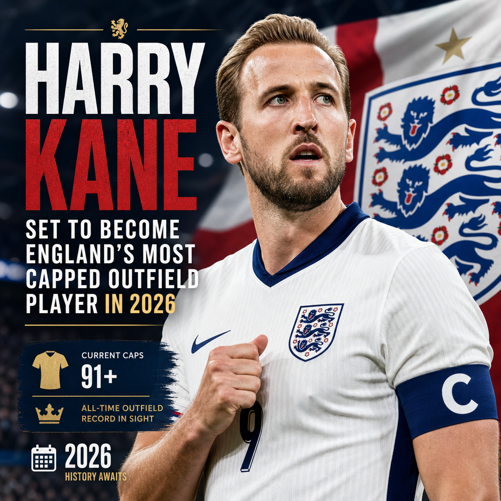 Harry Kane in England kit with a stadium background, symbolizing his rise to most capped outfield player.