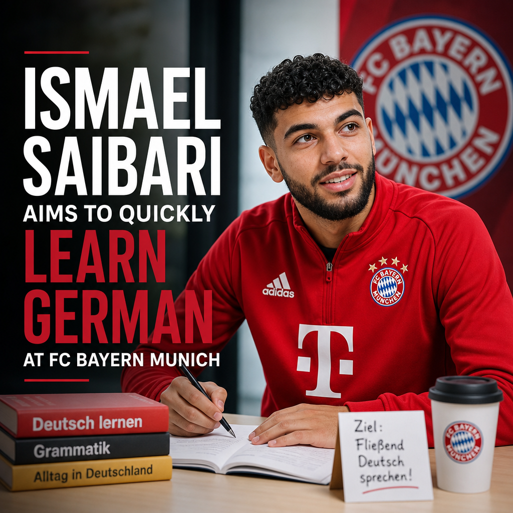 Ismael Saibari studying German with a focused expression, FC Bayern Munich training grounds in the background.