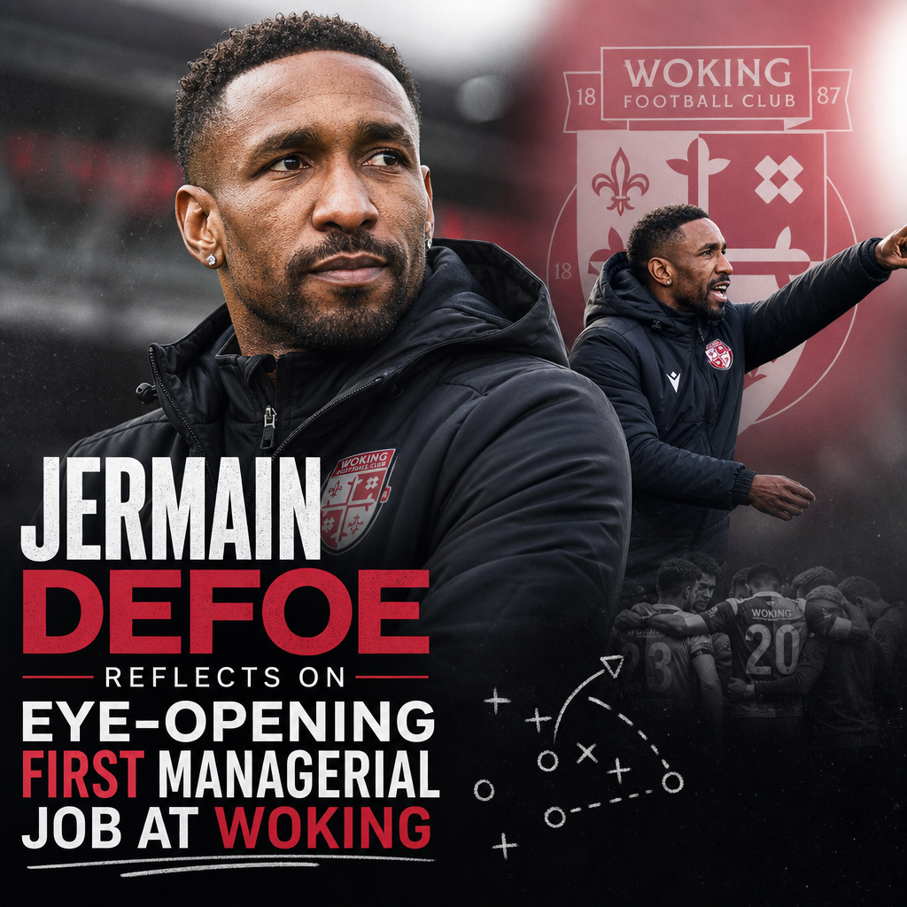 Jermain Defoe speaks at a press conference reflecting on his first managerial job at Woking FC.