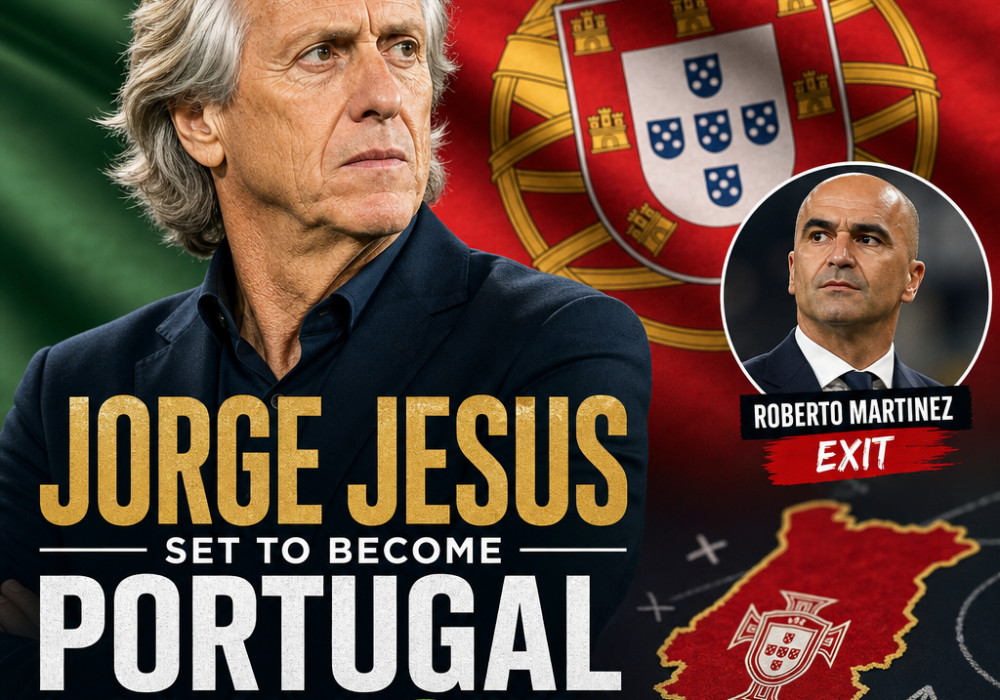 Jorge Jesus smiling, wearing a suit and tie, poised to become Portugal's new football team manager.