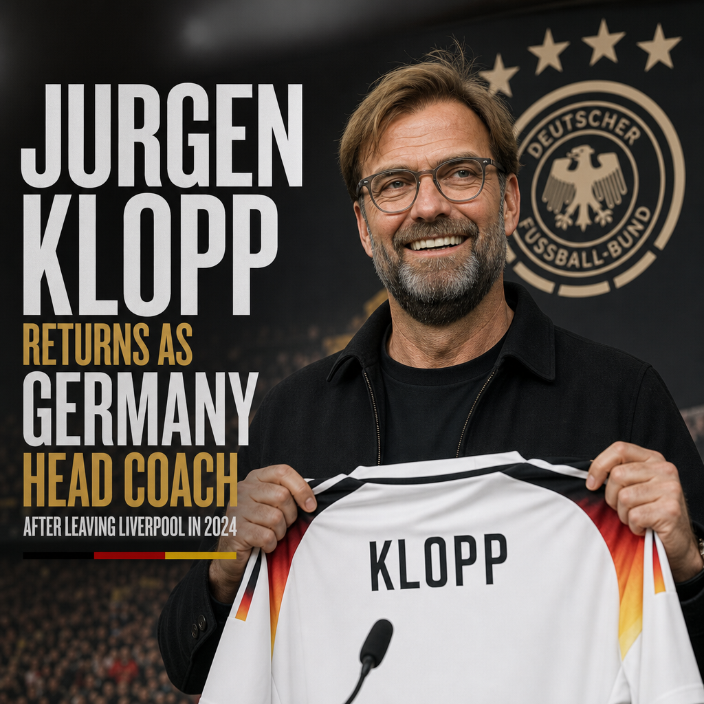 Jurgen Klopp in a suit smiling confidently, new head coach of Germany's national football team in 2024.