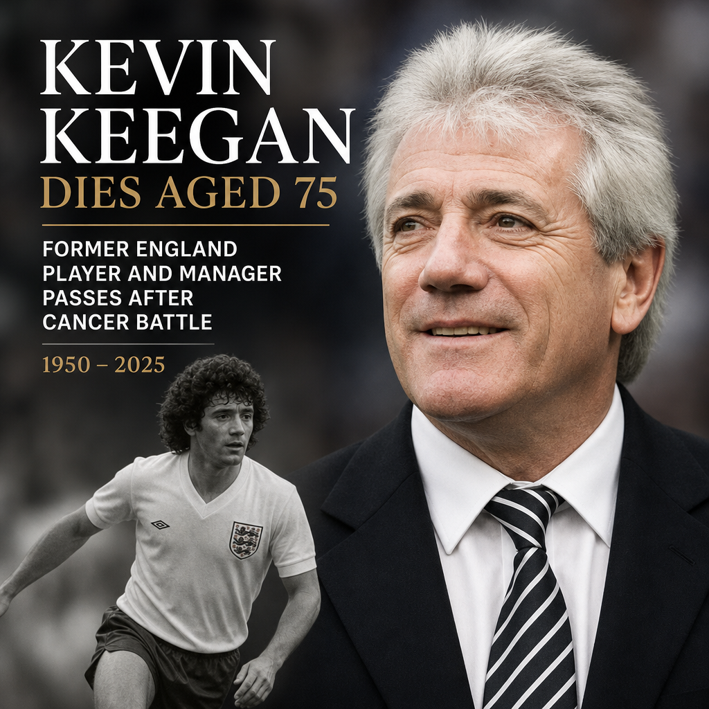 Portrait of Kevin Keegan, former England football player and manager, with obituary text announcing his death at 75.