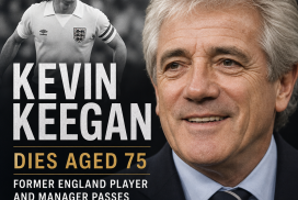 Black-and-white photo of Kevin Keegan with text announcing his death at age 75, honoring the former England player and manage
