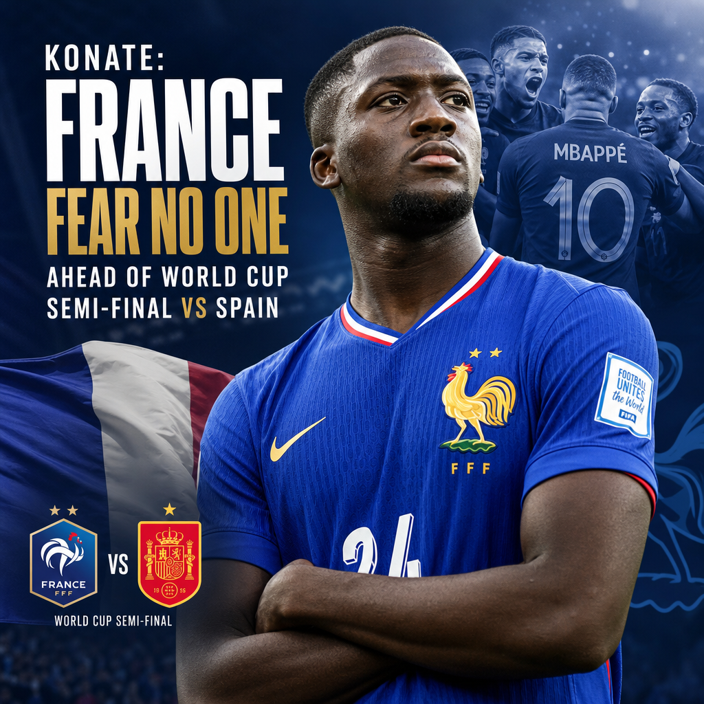 France player Konate stands focused and confident ahead of World Cup semi-final vs Spain.