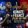 France football player Konate with "France Fear No One" slogan ahead of World Cup semi-final vs Spain.