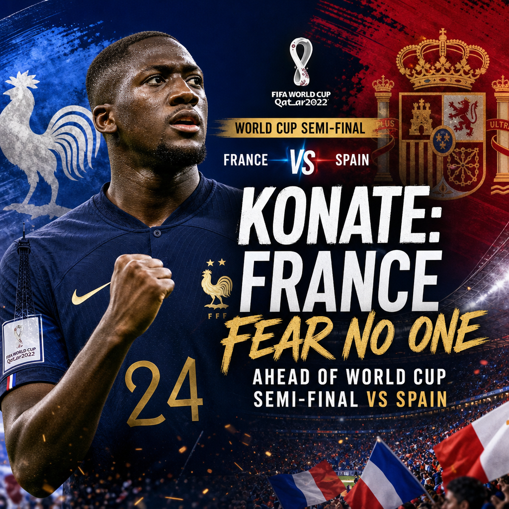 France football player Konate with "France Fear No One" slogan ahead of World Cup semi-final vs Spain.