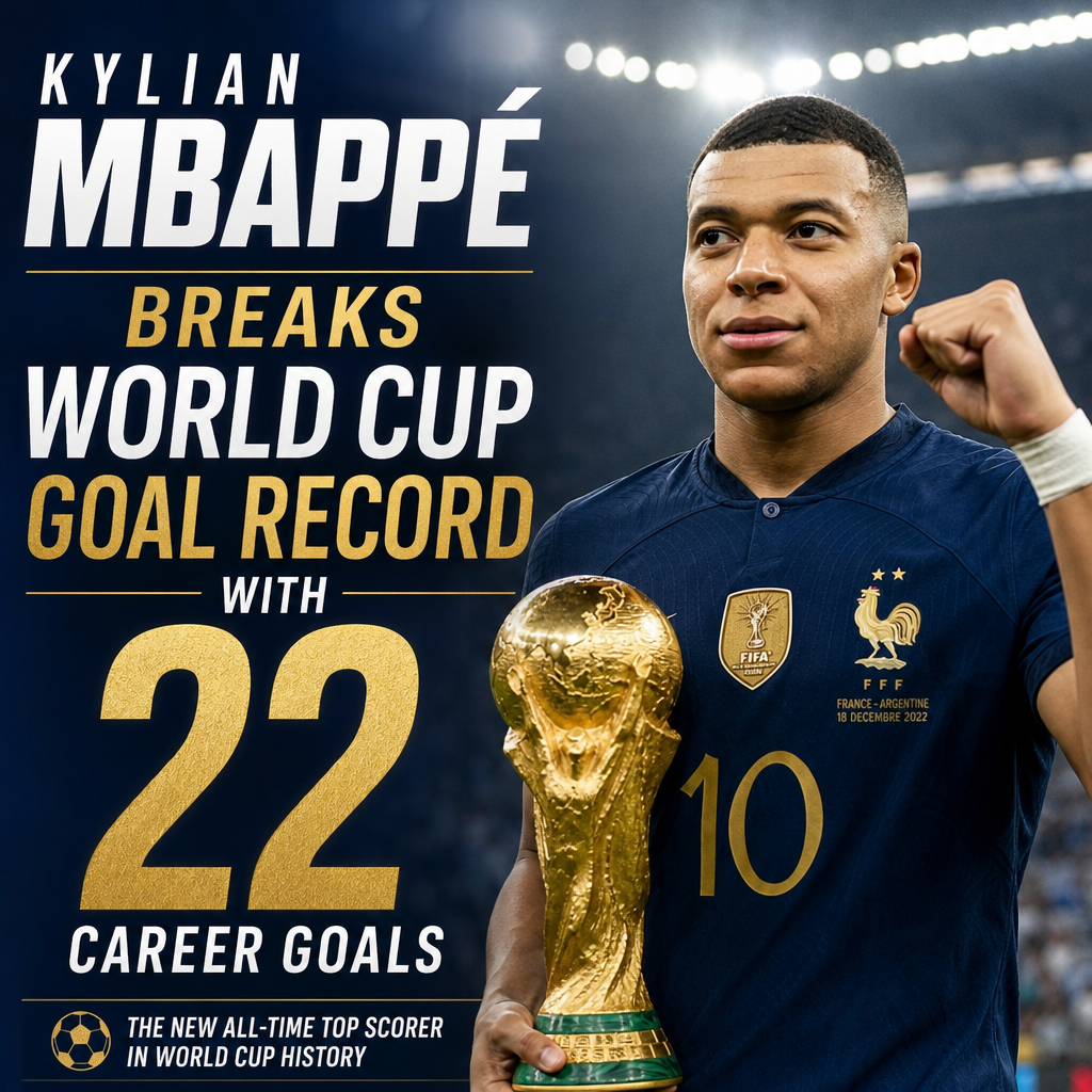 Kylian Mbappé celebrating after breaking the World Cup goal record with 22 career goals.