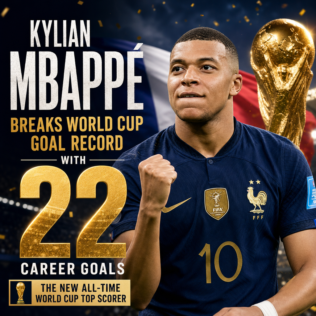 Kylian Mbappé celebrating after breaking the World Cup career goal record with his 22nd goal.