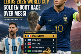 Kylian Mbappé celebrating as he leads the 2026 World Cup Golden Boot race with 8 goals.