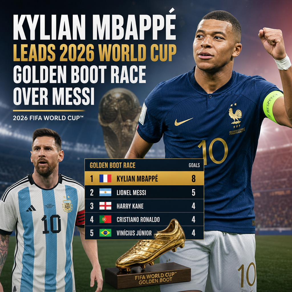 Kylian Mbappé celebrating as he leads the 2026 World Cup Golden Boot race with 8 goals.