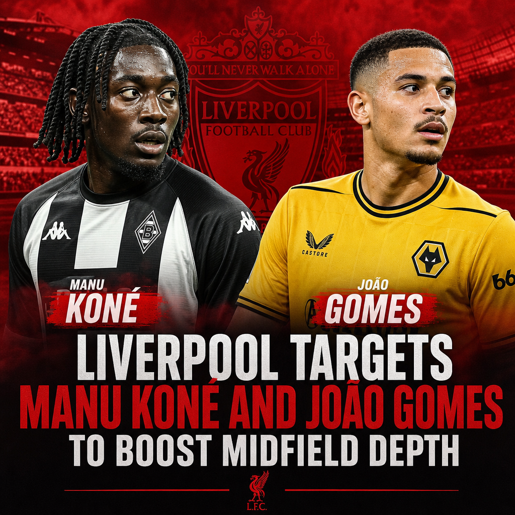 Liverpool football players Manu Koné and João Gomes in action on the pitch, showcasing midfield skills.
