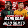 Portraits of footballers Manu Koné and João Gomes with Liverpool FC logo and transfer news background.