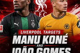 Portraits of footballers Manu Koné and João Gomes with Liverpool FC logo and transfer news background.