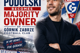 Lukas Podolski smiling, holding a Górnik Zabrze football club scarf, celebrating ownership news.